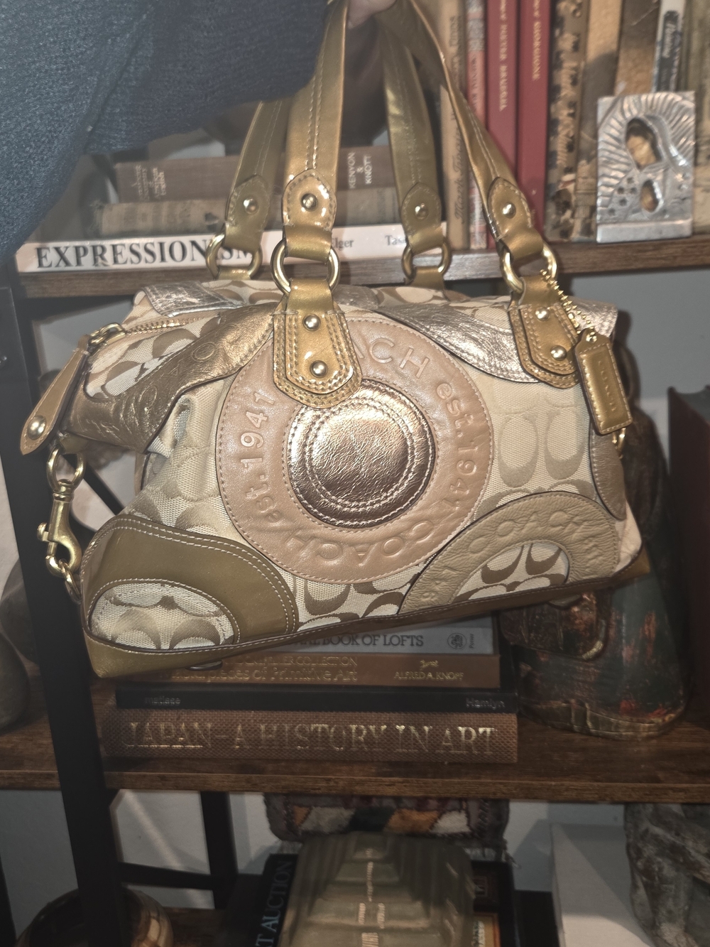 Coach Pieced Patchwork Ashley Satchel Tote Bag Purse Medium Gold